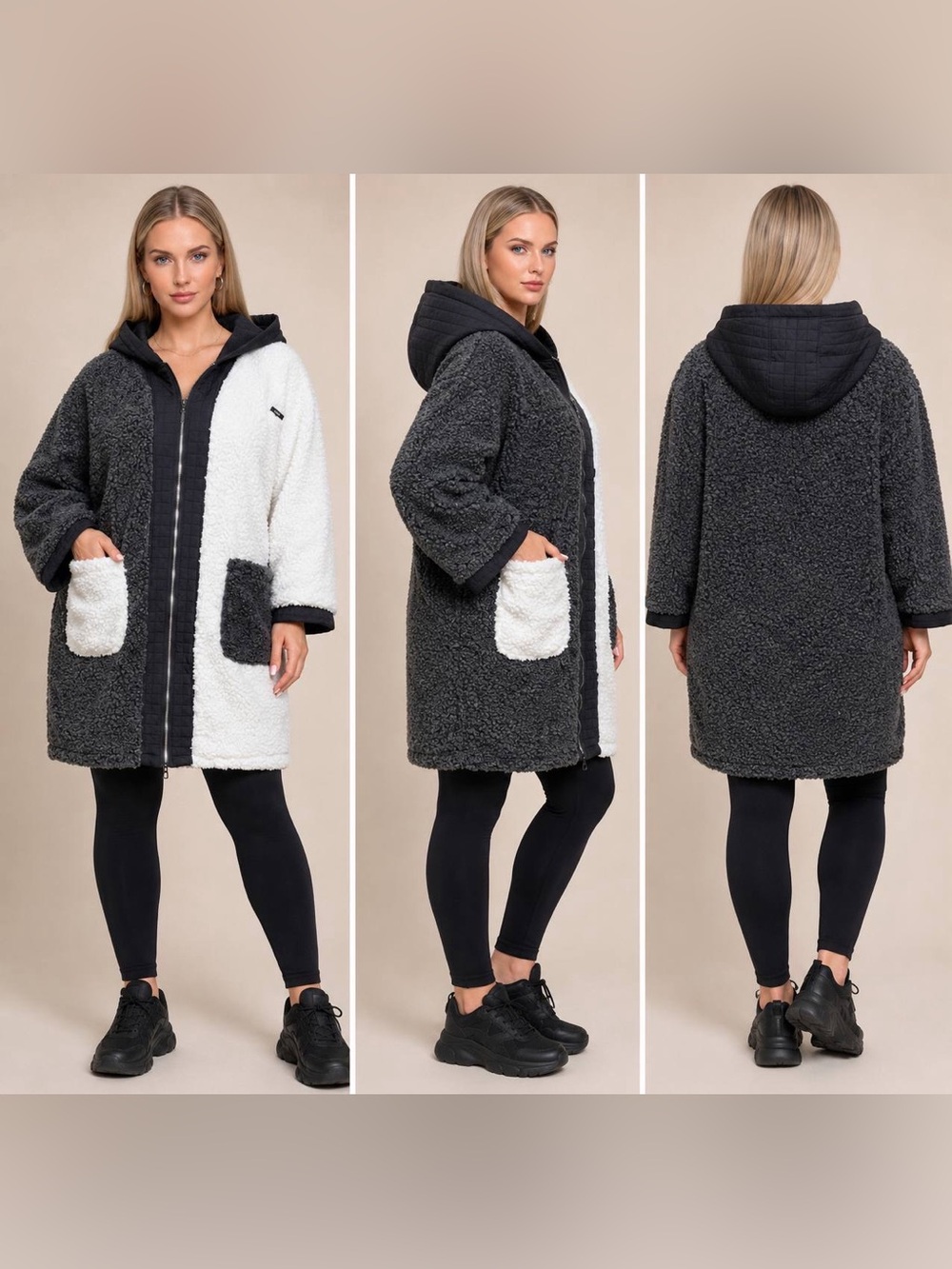 Cozy Two-Tone Sherpa Hooded Coat Jacket - Black & White